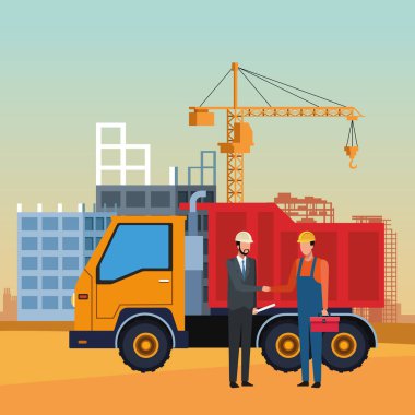 çöp kamyonu, mühendis ve inşaatçı inşaat sahnesinin altında