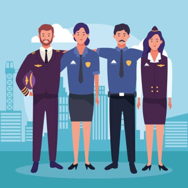 Çizgi film hostesi ve kadın ve erkek polis pilotu.