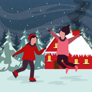 Çocukların buz pateni yaptığı Noel kar manzarası