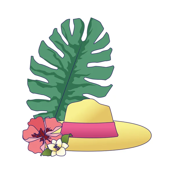 Тропический лист и пляжная шляпа с цветами — стоковый вектор