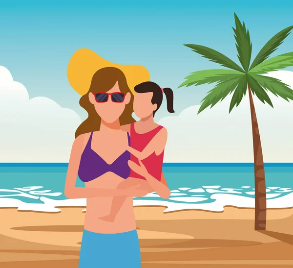 Avatar γυναίκα με την κόρη της στην αγκαλιά στην παραλία — Διανυσματικό Αρχείο