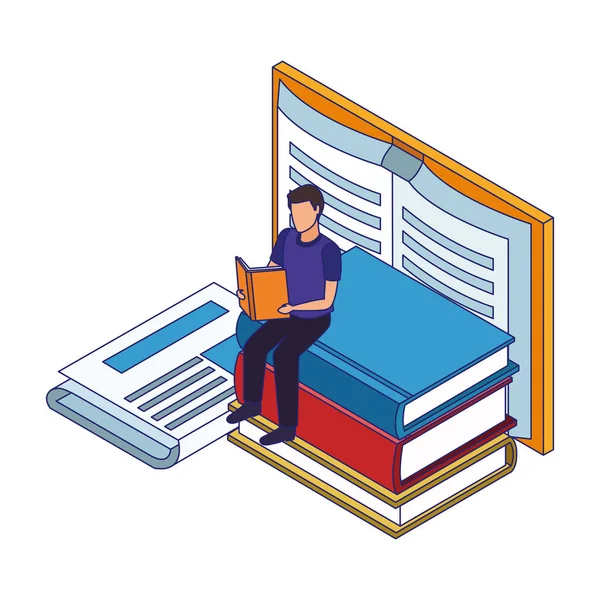 Libros grandes y lectura del hombre, diseño colorido — Vector de stock