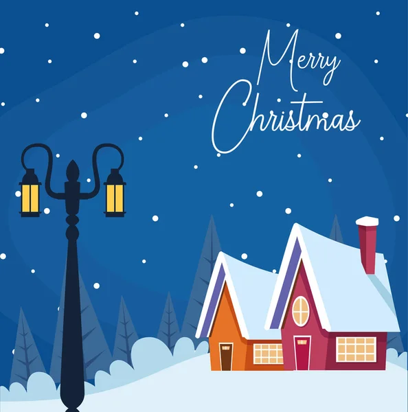 Joyeux Noël design avec scénographie d'hiver avec réverbère et maisons — Image vectorielle