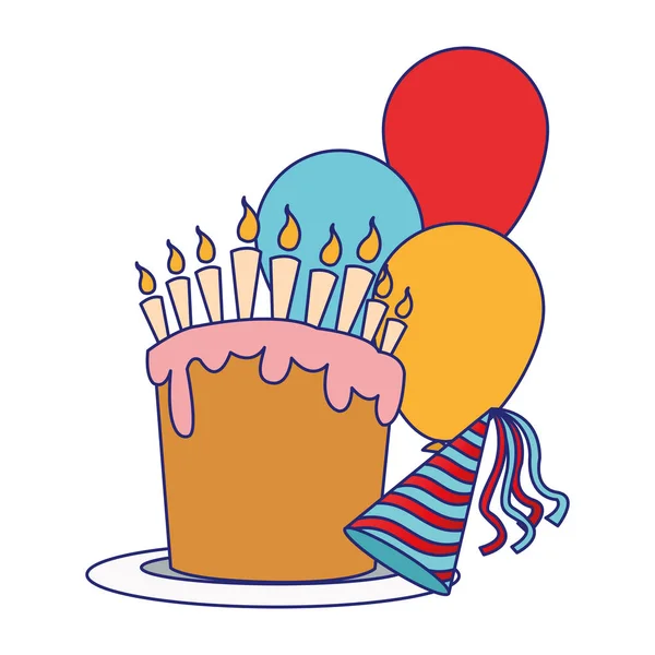 Pastel de cumpleaños con globos y sombrero de fiesta, diseño colorido — Vector de stock