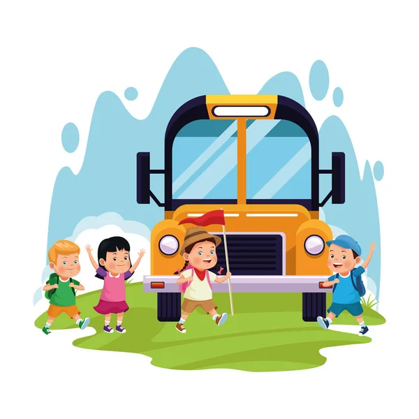 Autobús escolar y niños felices — Vector de stock