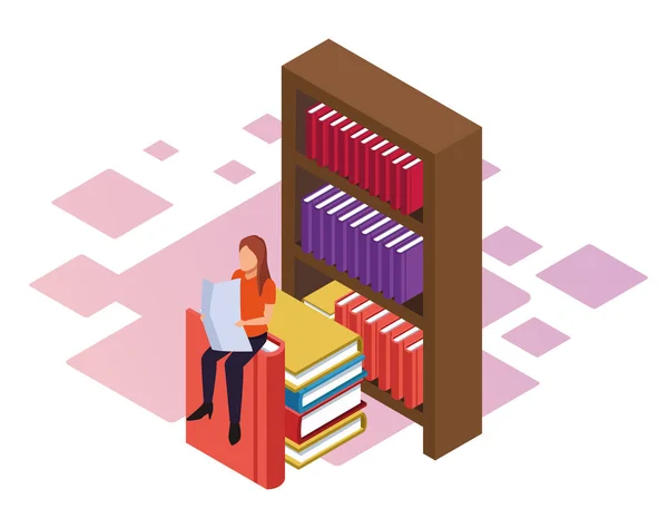 Isometric design of bookshelf, big books and woman reading a newspaper — Stock Vector