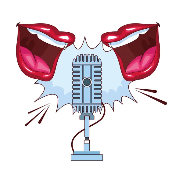 Two mouths speaking to retro microphone icon, colorful design — 스톡 벡터