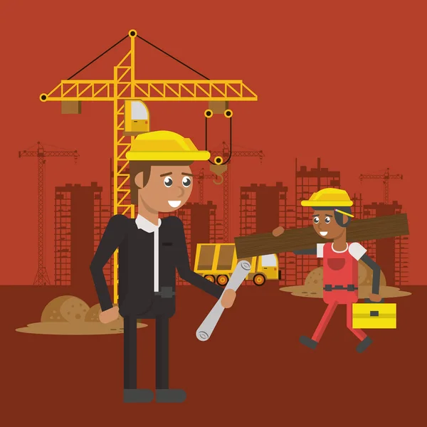 Инженер и строитель, работающий на строительной сцене — стоковый вектор
