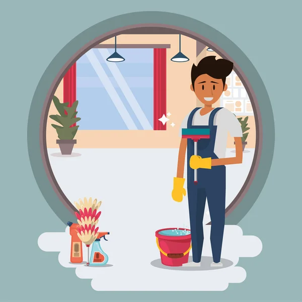 Homme travailleur dans le ménage avec un équipement de nettoyage du verre — Image vectorielle
