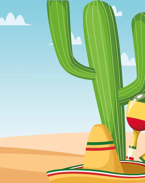 Mexikanischer Kaktus Hut und Maracas Vektor Design — Stockvektor