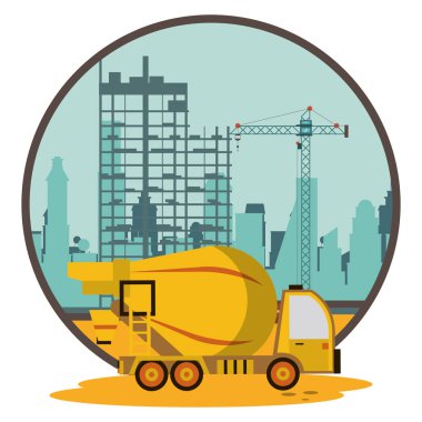 Beton karıştırıcı kamyonlu inşaat sahnesinin altında.