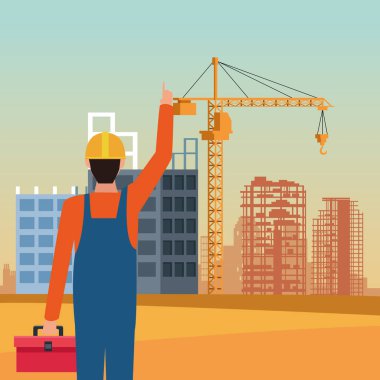 İnşaat işçisi inşaat manzarasının altında duruyor, renkli tasarım.
