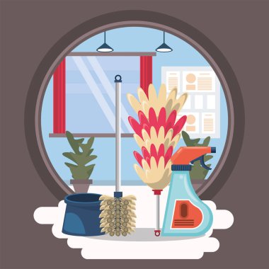 Oda, temizlik malzemeleriyle dolu.