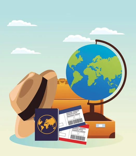 Globo y viaje maleta y sombrero con brújula y pasaporte, diseño colorido — Vector de stock