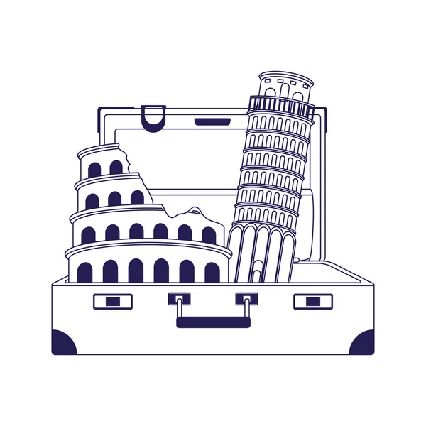 Valise de voyage avec monuments italiens, design plat — Image vectorielle