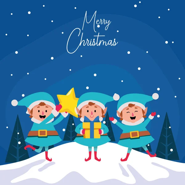 Happy cartoon christmas elfs with star and gift box — 스톡 벡터