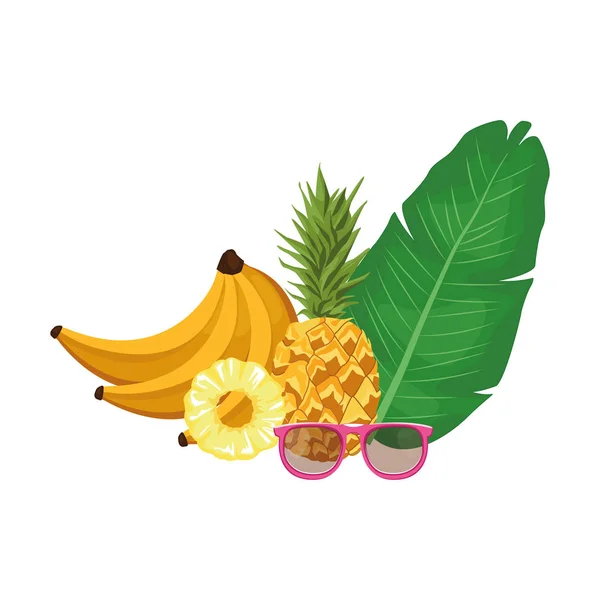 Folha tropical com pineaaple e frutos — Vetor de Stock