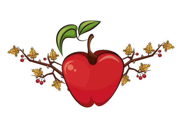 Apfel frisches Obst mit Zweigen und Blättern — Stockvektor