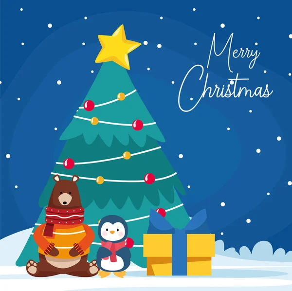 Καλά Χριστούγεννα σχεδιασμό με χαριτωμένα ζώα και χριστουγεννιάτικο δέντρο — Διανυσματικό Αρχείο