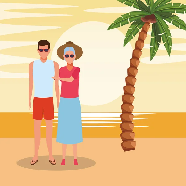Avatar old woman and man at the beach — 스톡 벡터
