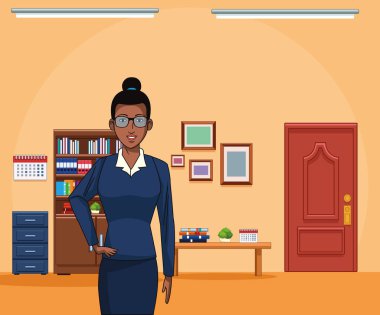 Çizgi film işkadını ofis manzarası, renkli tasarım