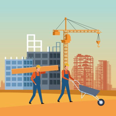 İnşaatçılar inşaat arkaplanı altında çalışıyorlar