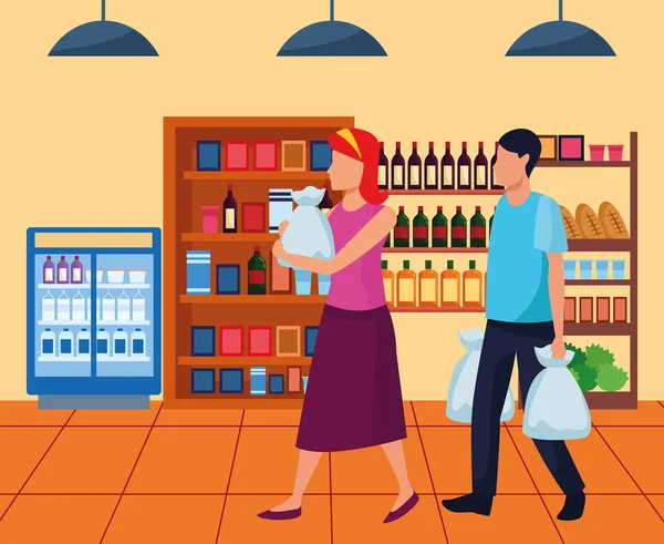 Avatar femme et homme avec des sacs marchant au supermarché allée — Image vectorielle