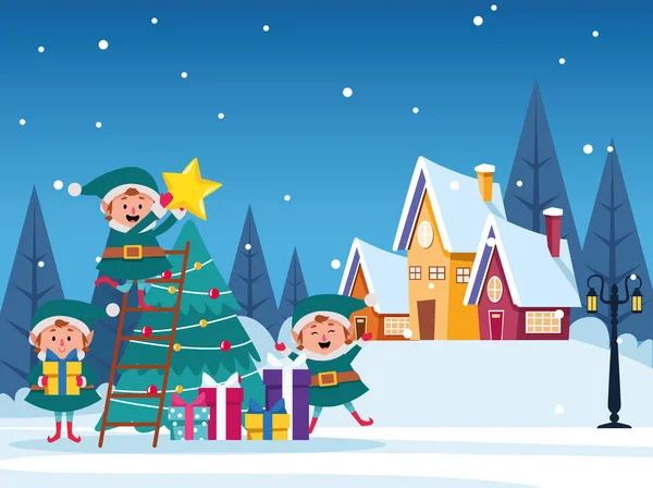 Vinter snölandskap jul scen med träd och tomtar — Stock vektor