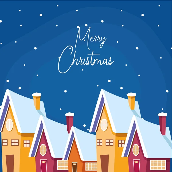 Joyeux Noël design coloré avec des maisons sur fond de nuit neigeuse — Image vectorielle