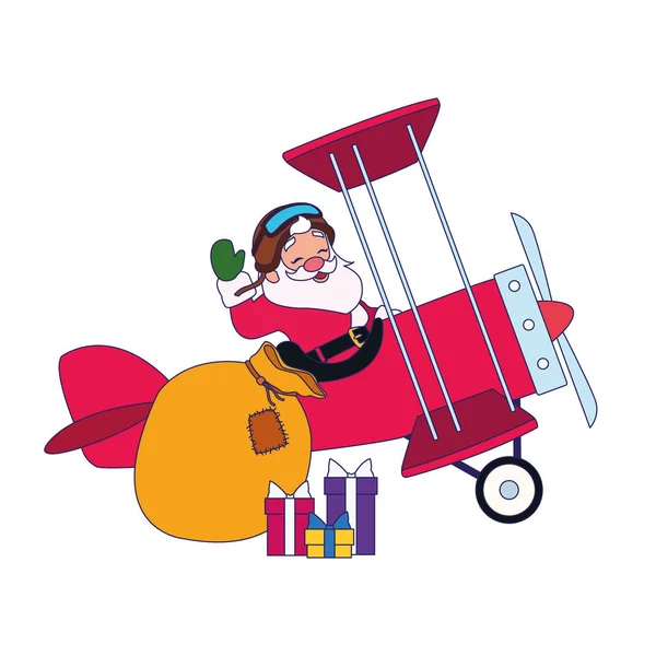 Santa claus avec le sac de cadeaux dans un avion, design plat — Image vectorielle