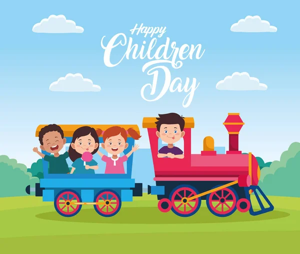 Fröhliche Kindertagsfeier mit spielenden Kindern im Zug — Stockvektor