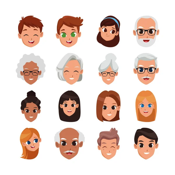 Dessin animé personnes heureux visages icône ensemble, design coloré — Image vectorielle