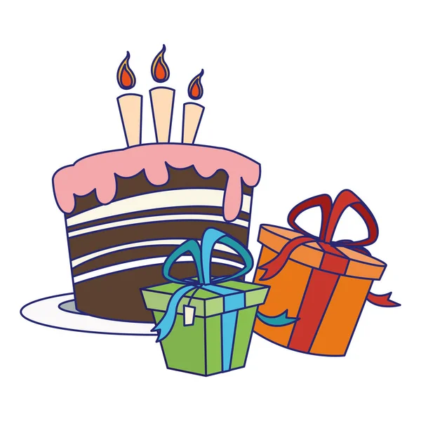 Красочные подарочные коробки и значок дня рождения торты — стоковый вектор