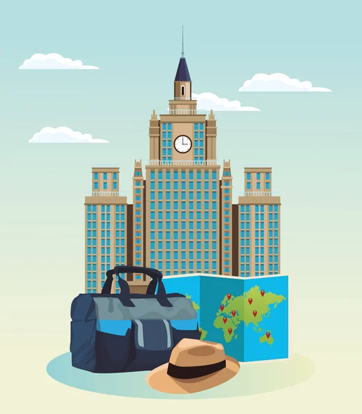 Edificio icónico con bolsa de viaje y sombrero — Vector de stock