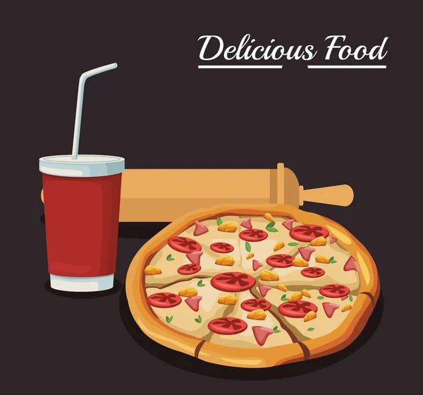 Pizza üdítőital és sodrófa edény — Stock Vector
