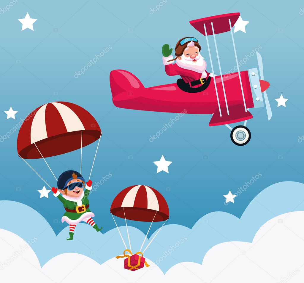 cartoon santa claus flying in a airplane and parachutes with christmas elf and gift box