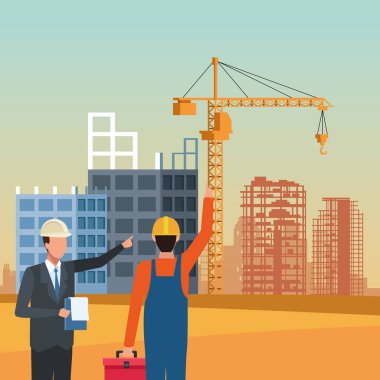 İnşaat manzarası altında mühendis ve inşaatçı, renkli tasarım