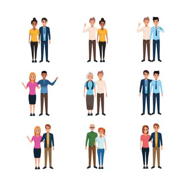 karikatür insanları çiftler simgesi seti, düz tasarım