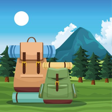 Güzel dağlar ve ağaçlar seyahat eden sırt çantalarıyla