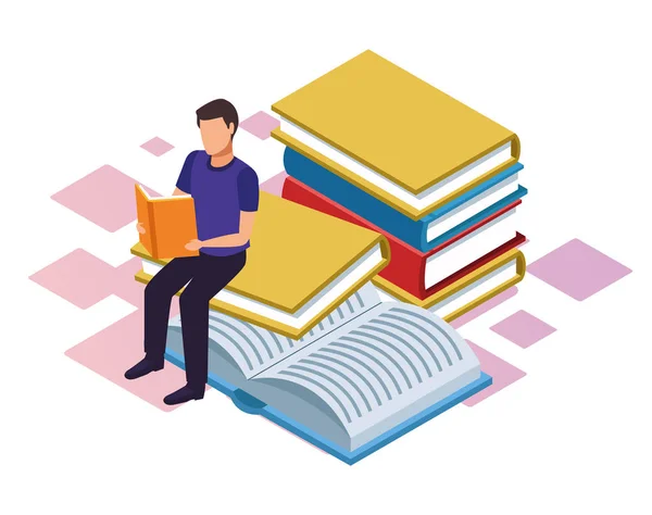 Hombre leyendo un libro con grandes libros alrededor, diseño colorido — Vector de stock