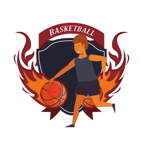 Joven atleta jugando baloncesto con globo — Vector de stock