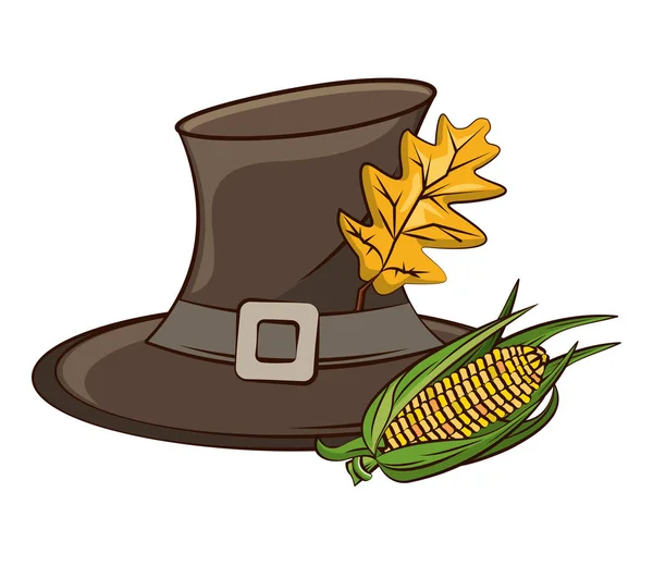 Pelgrimshoed met herfstblad en maïsgroente — Stockvector