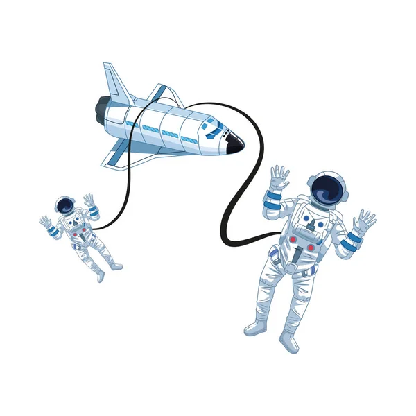 Астронавти літають з піктограмою космічного човника, барвистий дизайн — стоковий вектор