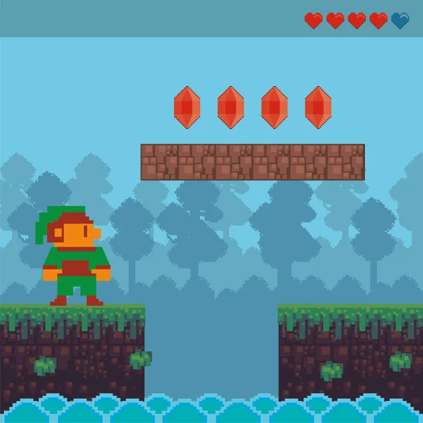 Vídeo game pequeno elfo em cena pixelizada — Vetor de Stock