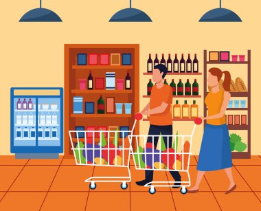 Süpermarket koridorunda süpermarket arabalı kadın ve erkek, renkli tasarım