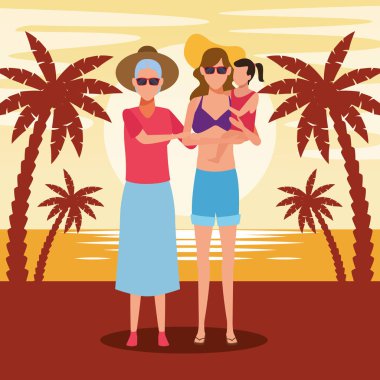 Mutlu yaşlı kadın ve kadın sahilde bir kızı tutuyorlar.