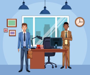 Ofis masasındaki çizgi film işçileri.