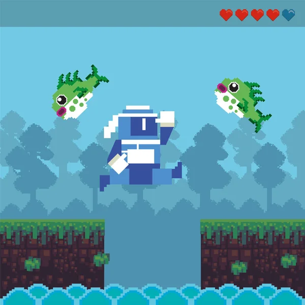 Pikselleştirilmiş sahnede bilgisayar oyunu ninja savaşçısı — Stok Vektör