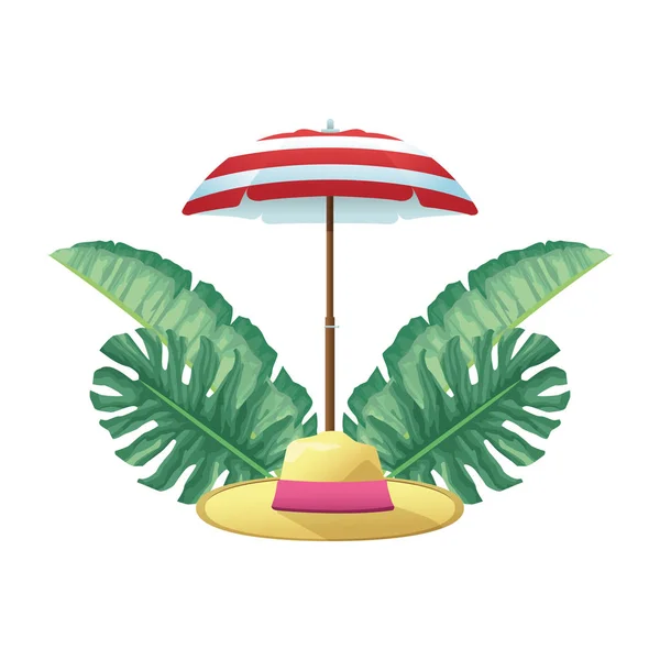 Parasol met strand hoed en tropische bladeren pictogram, kleurrijk ontwerp — Stockvector