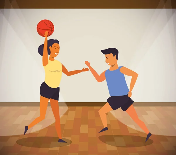 Jong paar atleten spelen basketbal met ballon — Stockvector